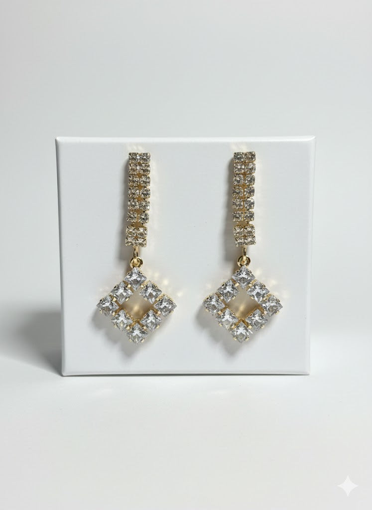 Luxury Crystal Square Drop Earrings – Premium Gold Finish