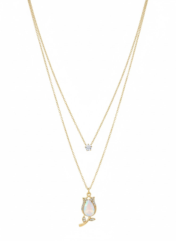 Delicate Double-Layer Rose Necklace with Opal Gem