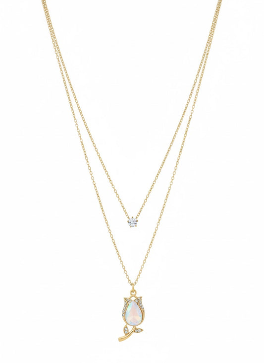 Delicate Double-Layer Rose Necklace with Opal Gem