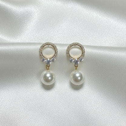Classic Pearl Dangle Earrings with Crystal Circle