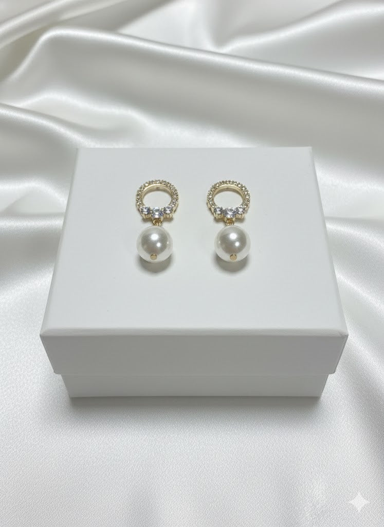 Classic Pearl Dangle Earrings with Crystal Circle