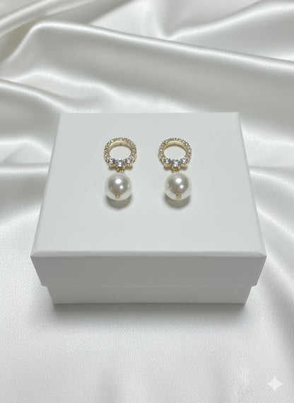 Classic Pearl Dangle Earrings with Crystal Circle