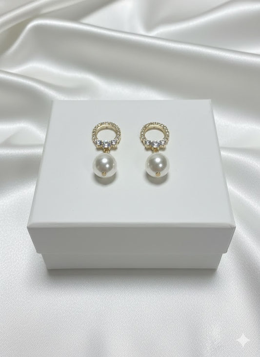 Classic Pearl Dangle Earrings with Crystal Circle