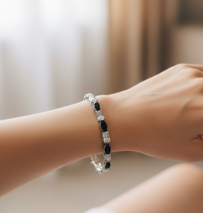 Noir Elegance Bracelet – Black & White Crystal Silver-Tone Women’s Jewelry