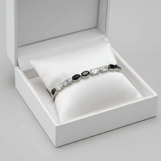 Noir Elegance Bracelet – Black & White Crystal Silver-Tone