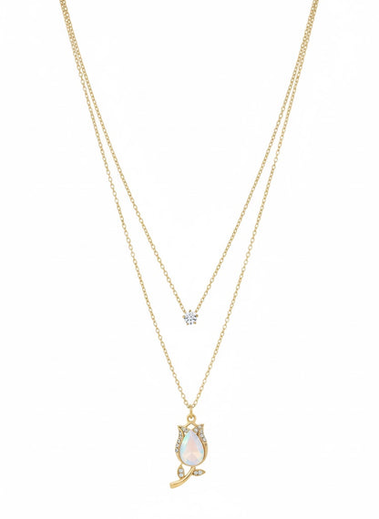 Delicate Double-Layer Rose Necklace with Opal Gem